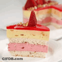 A Slice Of Cake With Strawberries On Top Of It Is On A White Plate . GIF