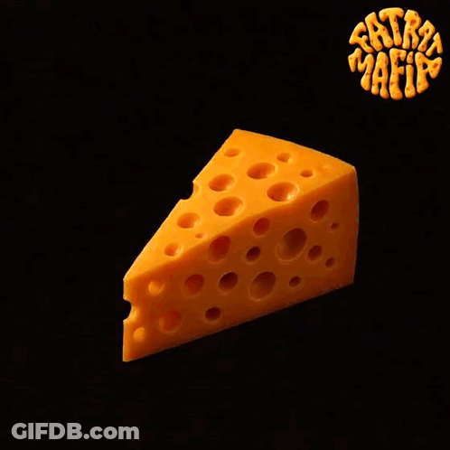 A Slice Of Cheese On A Black Background With Extra Mafia Written In Yellow GIF
