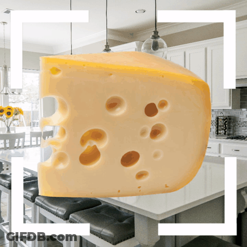 A Slice Of Cheese With Holes In It Is Hanging From The Ceiling In A Kitchen GIF