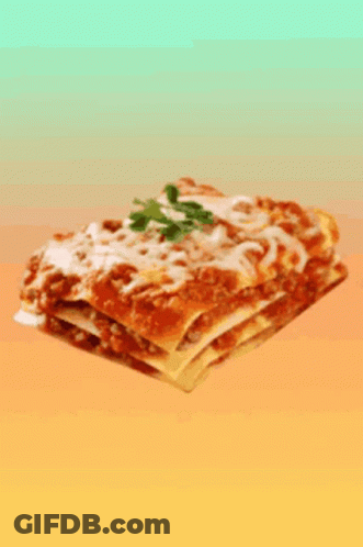 A Slice Of Lasagna With Sauce And Cheese On A Yellow And Blue Background . GIF