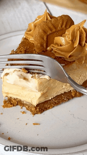 A Slice Of Peanut Butter Pie On A Plate With A Fork In It GIF