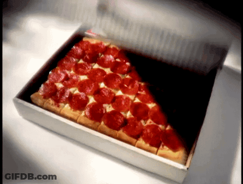 A Slice Of Pepperoni Pizza In A Box With The Lid Open GIF