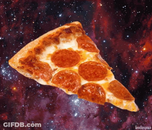 A Slice Of Pepperoni Pizza Is Floating In The Air GIF