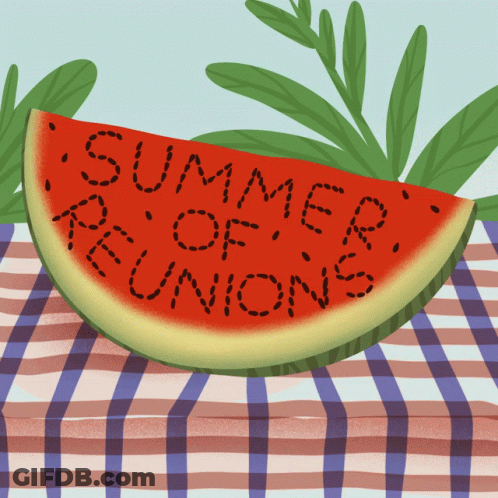 A Slice Of Watermelon On A Checkered Table Cloth That Says Summer Reunions GIF