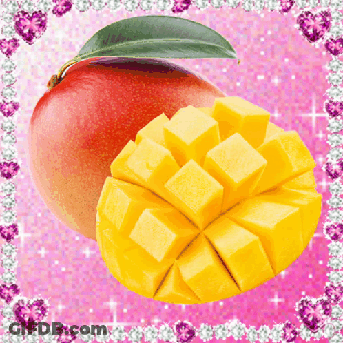 A Sliced Mango With A Green Leaf On A Pink Background With Hearts GIF