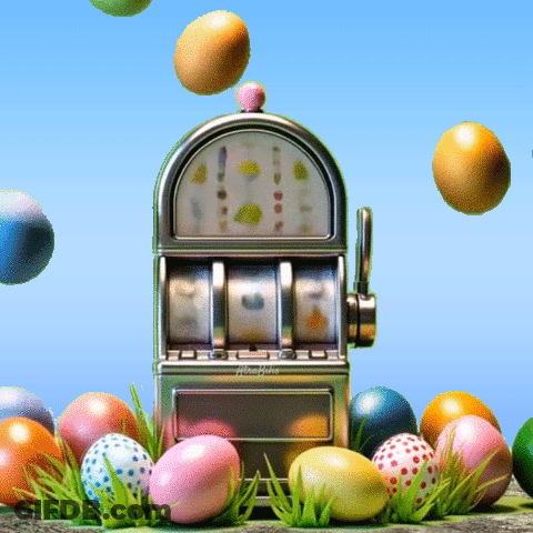 A Slot Machine With Easter Eggs Coming Out Of It And A Blue Sky In The Background GIF