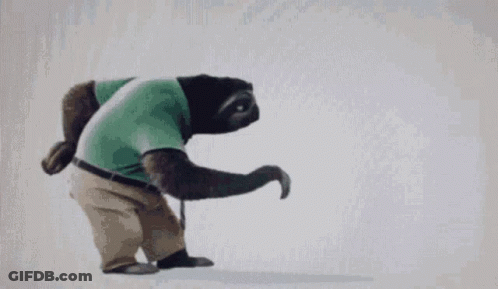 A Sloth In A Green Shirt And Khaki Pants GIF