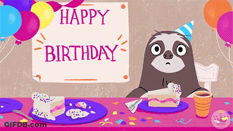 A Sloth Is Sitting At A Table With A Piece Of Cake And Balloons . GIF
