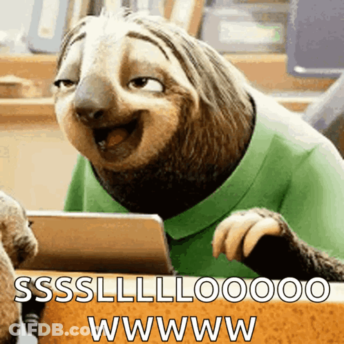 A Sloth Wearing A Green Shirt Is Sitting At A Table With A Tablet And Says Sssllloooo Wwwww GIF