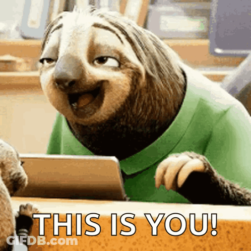 A Sloth Wearing A Green Shirt Is Sitting At A Table With A Tablet And Says This Is You ! GIF