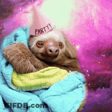 A Sloth Wearing A Pink Party Hat Wrapped In A Blanket GIF