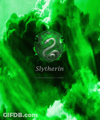 A Slytherin Logo Is On A Green Background With Clouds GIF