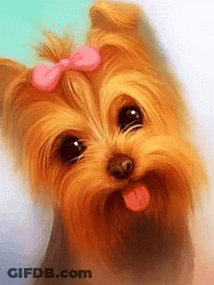 A Small Brown Dog With A Pink Bow On Its Head Sticking Its Tongue Out GIF