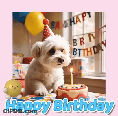 Dog Wearing Party Hat Next To Birthday Cake GIF