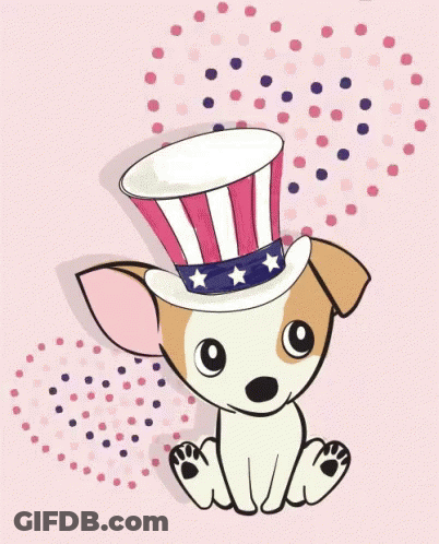 A Small Dog Wearing A Top Hat With Stars And Stripes GIF