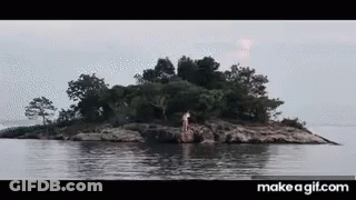 A Small Island In The Middle Of A Body Of Water Surrounded By Trees . GIF