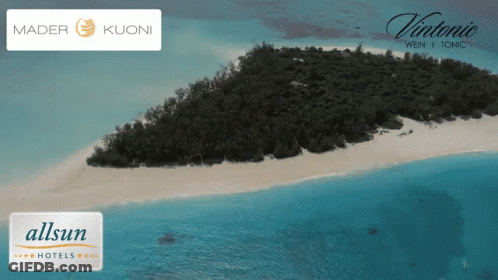 A Small Island In The Middle Of A Body Of Water With The Words Mader Kuoni And Allsun Hotels GIF