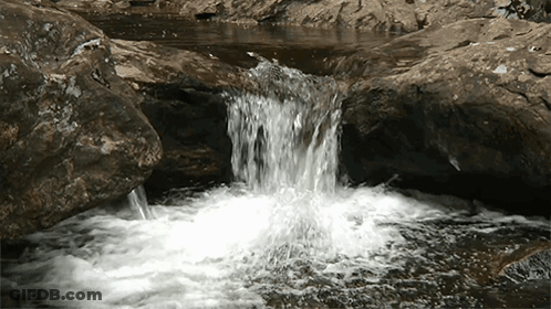 A Small Waterfall Is Surrounded By Rocks And A Small Pool Of Water GIF