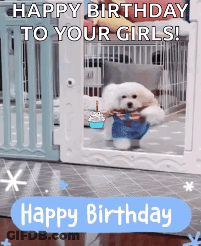 A Small White Dog Is Standing In A Cage Holding A Cupcake With A Candle . GIF