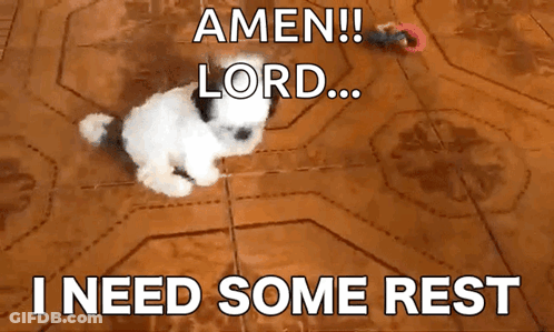 A Small White Dog Laying On A Tiled Floor With The Words Amen Lord I Need Some Rest GIF