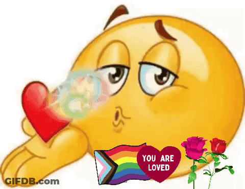 A Smiley Face Blowing Soap Bubbles With A Red Heart That Says You Are Loved GIF