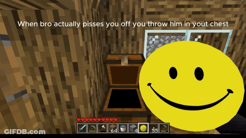 A Smiley Face In A Video Game With The Caption " When Bro Actually Pisses You Off You Throw Him In You Chest " GIF