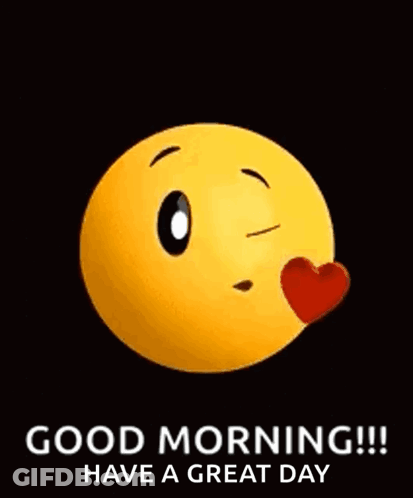 A Smiley Face Is Blowing A Kiss With A Heart In Its Mouth And Says `` Good Morning !!! Have A Great Day '' . GIF