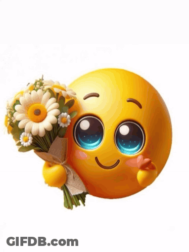 A Smiley Face Is Holding A Bouquet Of Flowers GIF