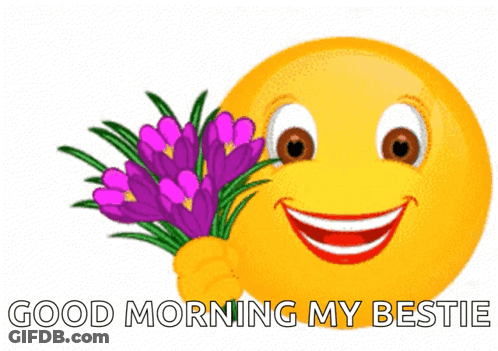 A Smiley Face Is Holding A Bouquet Of Purple Flowers And The Words Good Morning My Bestie Are Below It GIF