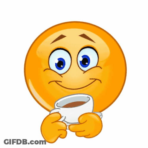 A Smiley Face Is Holding A Cup Of Coffee And Smiling GIF
