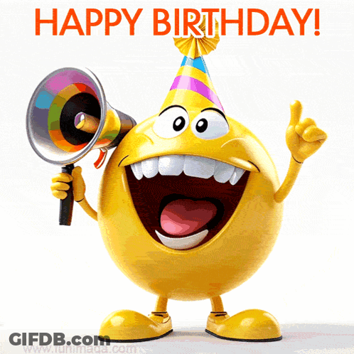 A Smiley Face Is Holding A Megaphone And Says Happy Birthday GIF