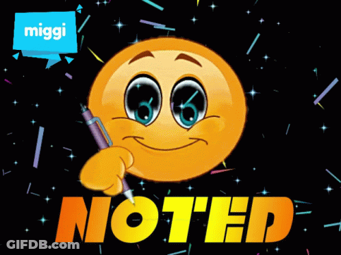 A Smiley Face Is Holding A Pen In Front Of A Sign That Says Noted GIF