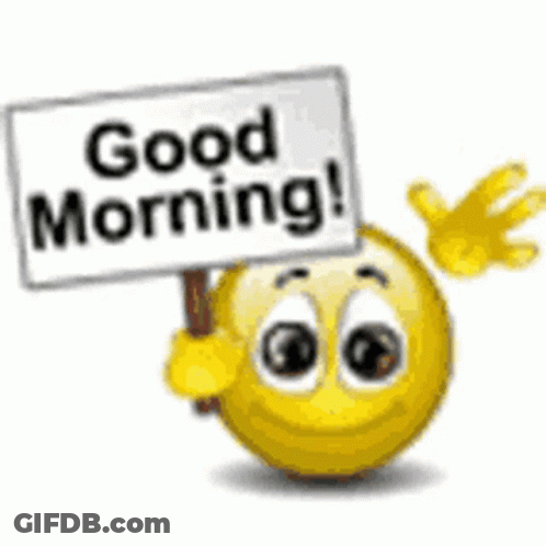 A Smiley Face Is Holding A Sign That Says Good Morning . GIF