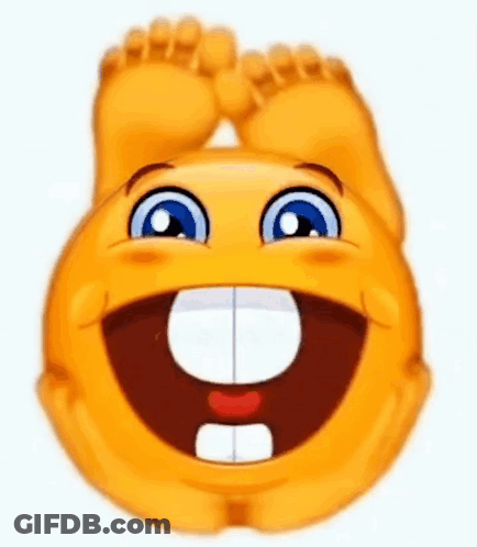 A Smiley Face Is Laughing With Its Feet Up And A Big Smile On Its Face . GIF