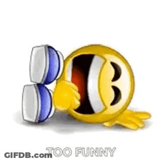 A Smiley Face Is Laying On The Ground With A Blue Shoe In Front Of It And Says `` Too Funny '' . GIF