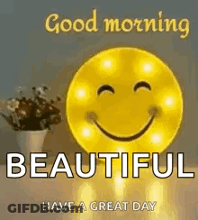A Smiley Face Is Sitting On A Table Next To A Potted Plant And Says `` Good Morning Beautiful Have A Great Day '' . GIF
