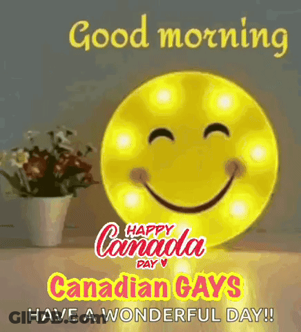 A Smiley Face Is Sitting On A Table Next To A Vase Of Flowers And A Lamp . GIF