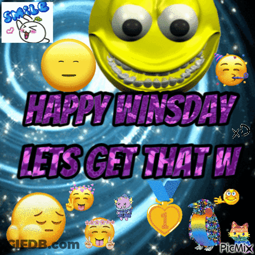A Smiley Face Is Surrounded By Other Smiley Faces And The Words Happy Winsday Let 'S Get That W GIF