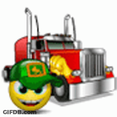 A Smiley Face Is Wearing A Green Hat And Standing Next To A Semi Truck . GIF