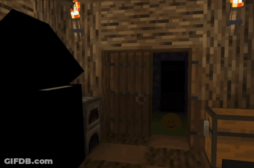 A Smiley Face Sits In A Dark Room In A Minecraft Game GIF