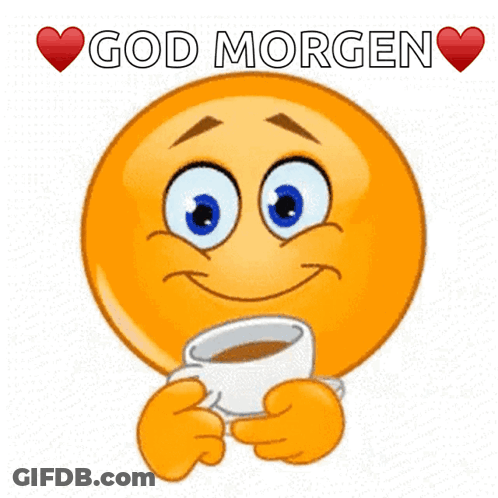 A Smiley Face With A Cup Of Coffee And The Words God Morgen GIF