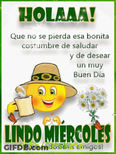 A Smiley Face With A Hat Holding A Cup Of Coffee And Flowers GIF