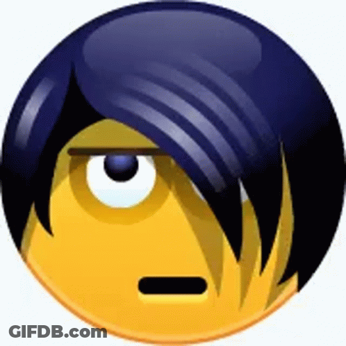 A Smiley Face With A Purple Haircut And A White Eye GIF