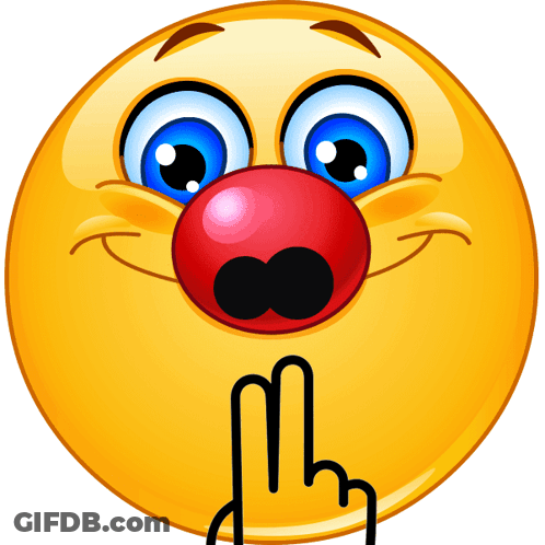 A Smiley Face With A Red Nose And A Finger Pointing To His Mouth GIF
