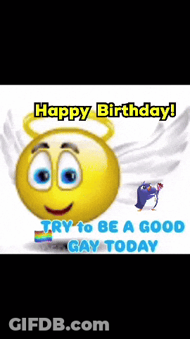A Smiley Face With Angel Wings And The Words Happy Birthday GIF