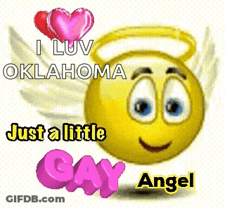 A Smiley Face With Angel Wings And The Words I Love Oklahoma Just A Little Gay Angel GIF