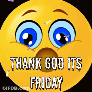 A Smiley Face With Blue Eyes And The Words Thank God Its Friday GIF