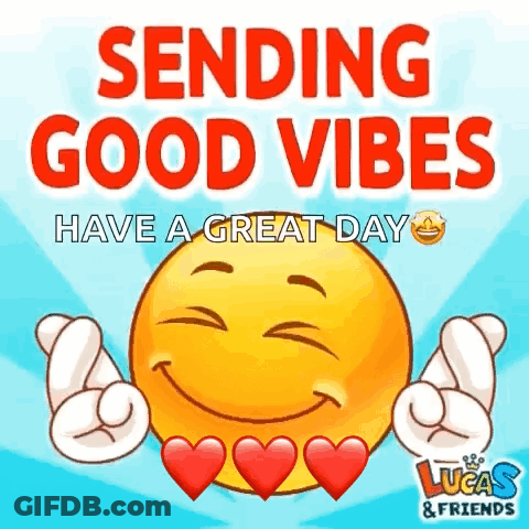 A Smiley Face With Hearts Around It And The Words Sending Good Vibes GIF