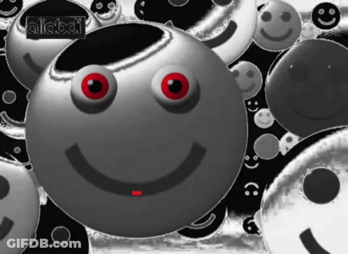 A Smiley Face With Red Eyes Is Surrounded By Black And White Smiley Faces And The Words Alibabi GIF