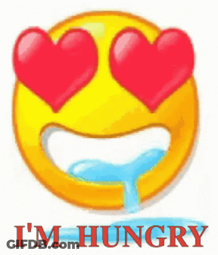 A Smiley Face With Red Hearts In Its Eyes And The Words I 'M Hungry Below It GIF